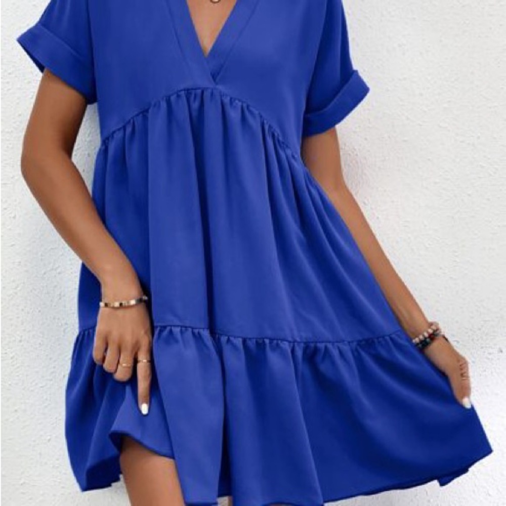 SHEIN LUNE Royal Blue Roll Cuff Ruffle Hem Babydoll Mini Dress - Size L